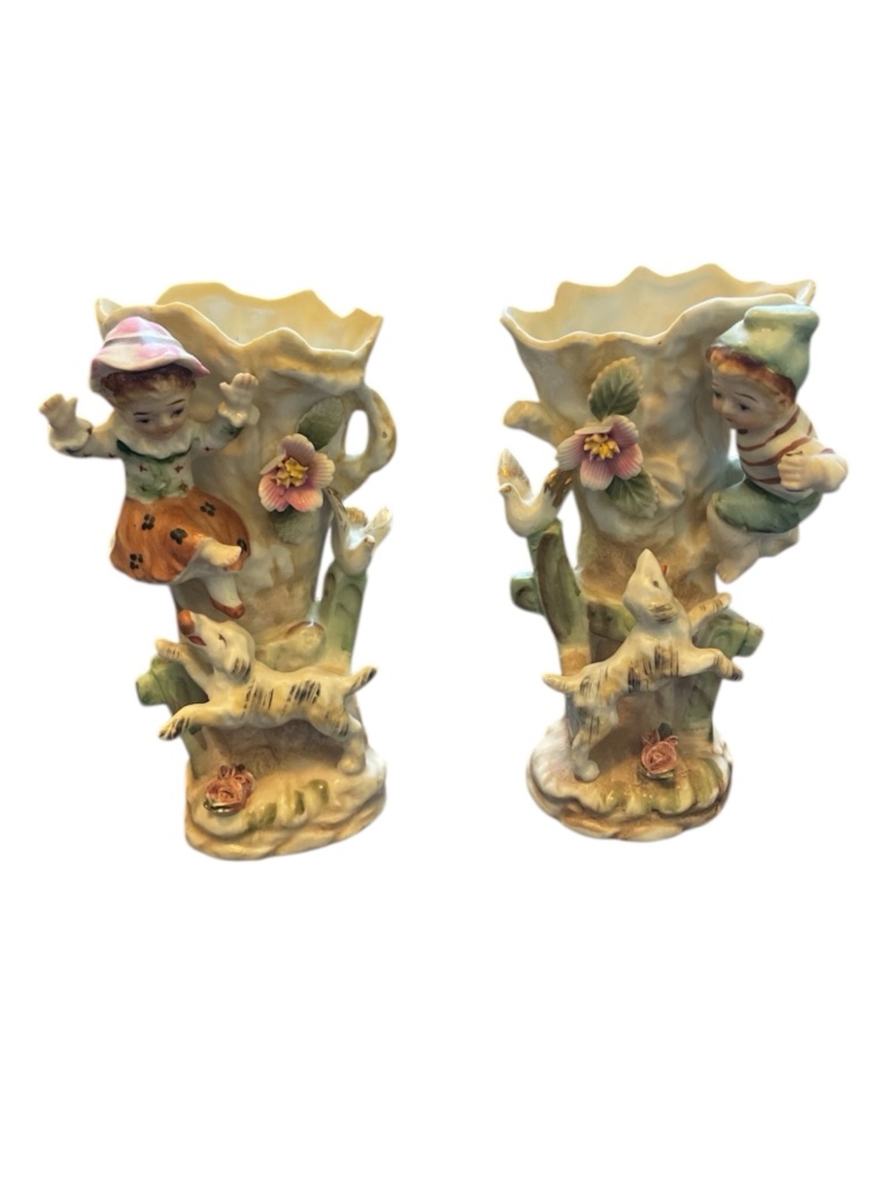 Vintage Ucagco Ceramics Japan Figural Bud Vases Girl Boy Tree Dog Set